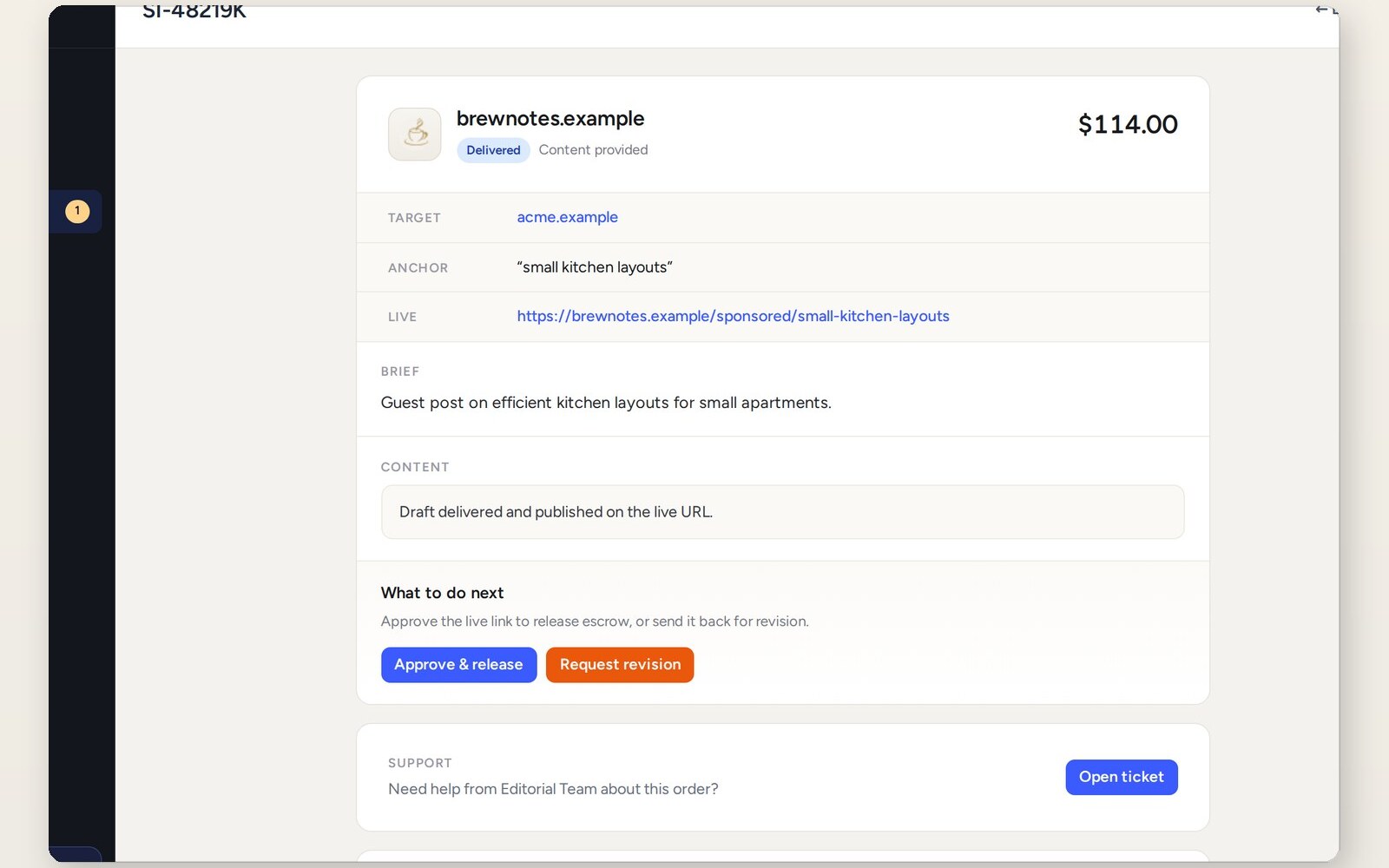 sponsor.ink order screen with approve and release escrow actions
