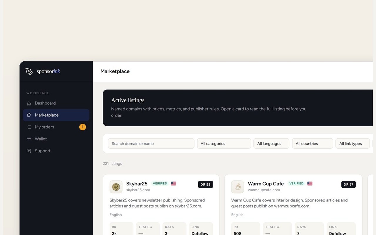 sponsor.ink marketplace with verified site listings