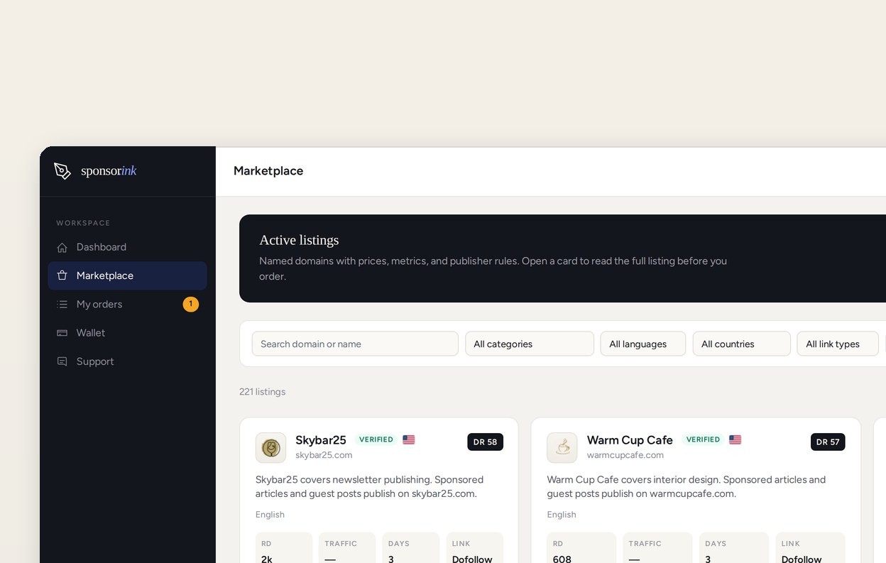 sponsor.ink marketplace showing named listings with site icons, prices, and metrics