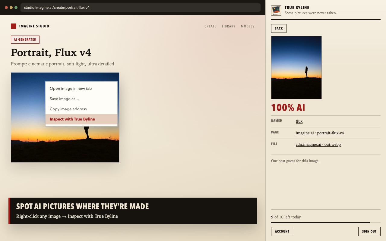 True Byline Chrome extension marking an image as 100% AI